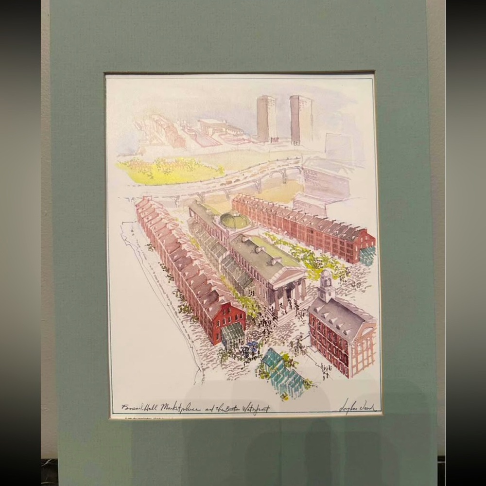 9x12 matted watercolor print, Faneuil Hall Marketplace at Boston Waterfront